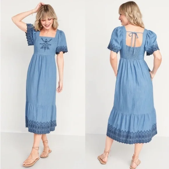 Old Navy fit & flare flutter sleeve tie back chambray floral midi dress,  Large